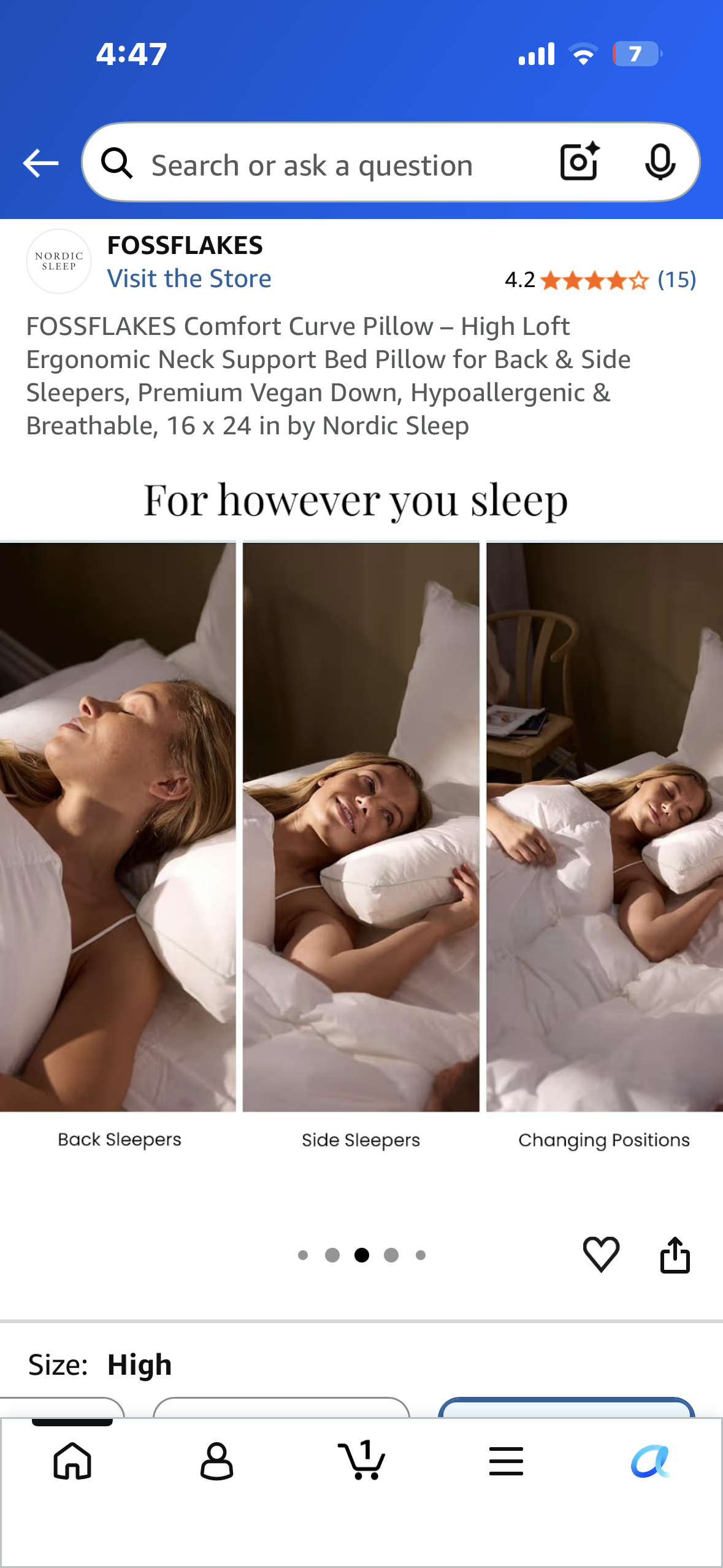 FOSSFLAKES Comfort Curve Pillow – High Loft Ergonomic Neck Support Bed Pillow for Back & Side Sleepers, Premium Vegan Down, Hypoallergenic & Breathable, 16 x 24 in by Nordic Sleep