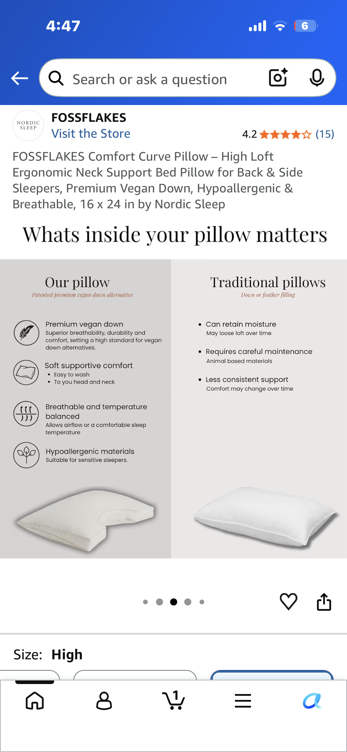 FOSSFLAKES Comfort Curve Pillow – High Loft Ergonomic Neck Support Bed Pillow for Back & Side Sleepers, Premium Vegan Down, Hypoallergenic & Breathable, 16 x 24 in by Nordic Sleep
