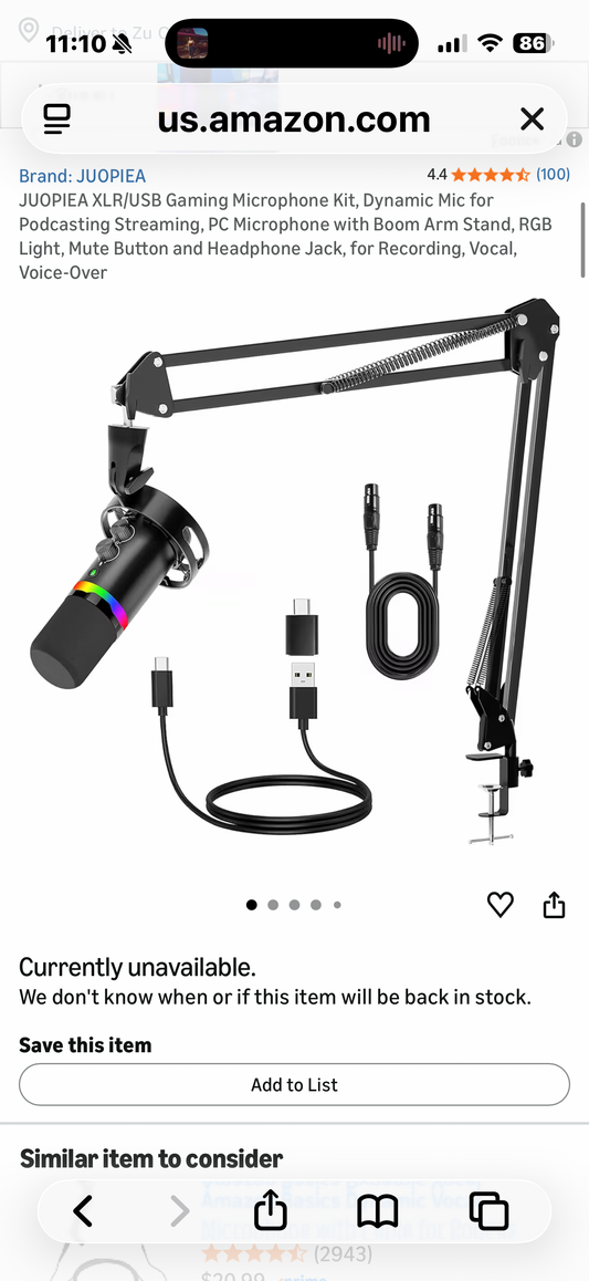 JUOPIEA XLR/USB Gaming Microphone Kit, Dynamic Mic for Podcasting Streaming, PC Microphone with Boom Arm Stand, RGB Light, Mute Button and Headphone Jack, for Recording, Vocal, Voice-Over