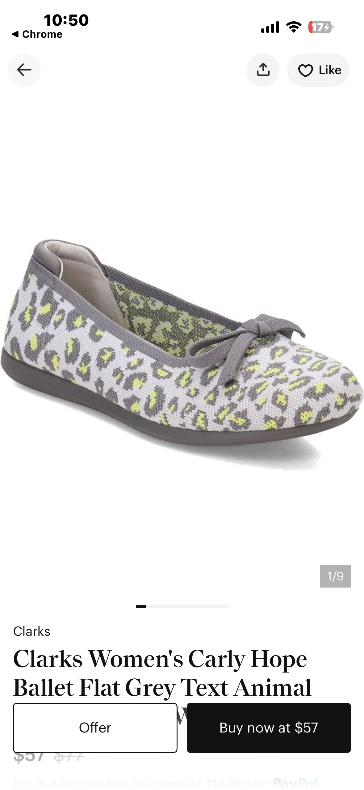 Clarks Women's Carly Hope Ballet Flat Grey Text Animal (Size W(7.5w))