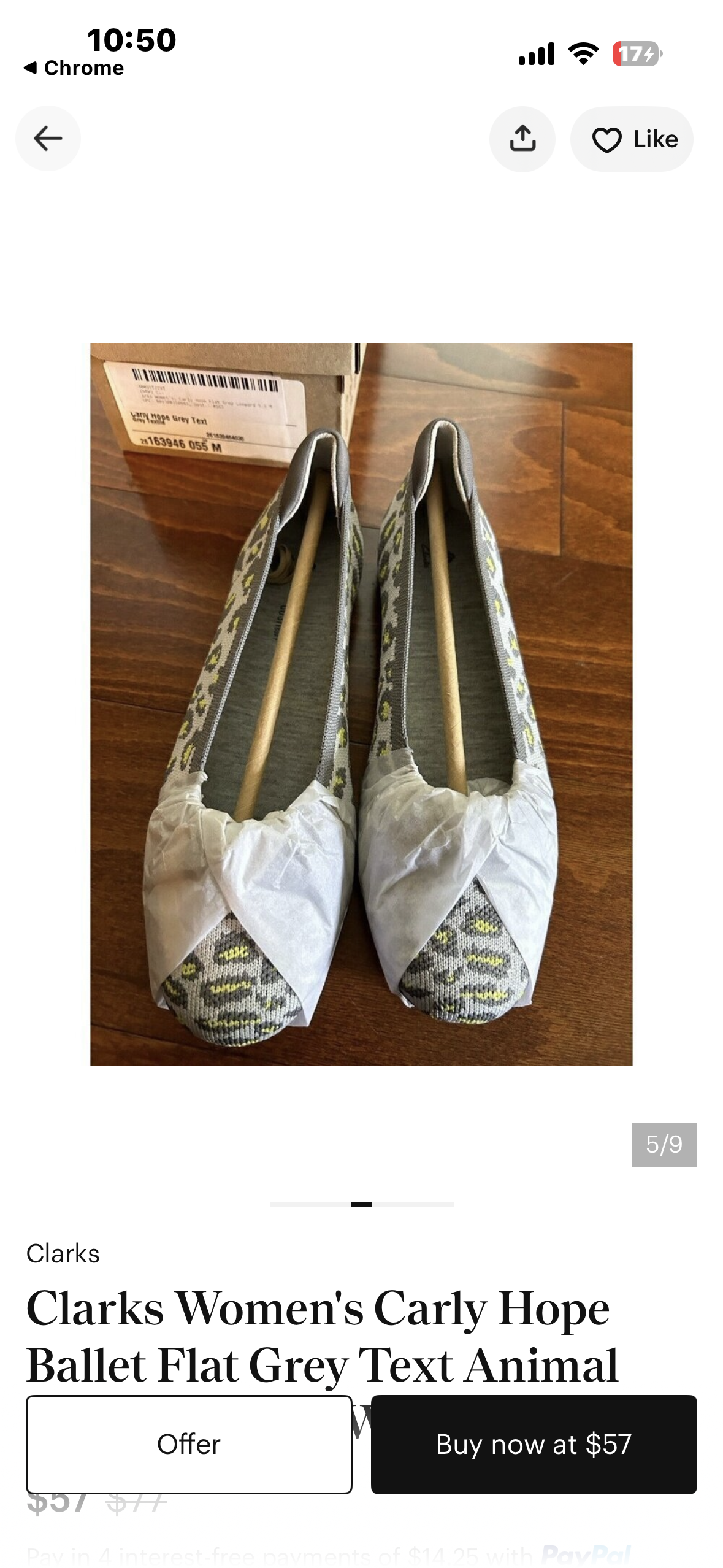 Clarks Women's Carly Hope Ballet Flat Grey Text Animal (Size W(7.5w))