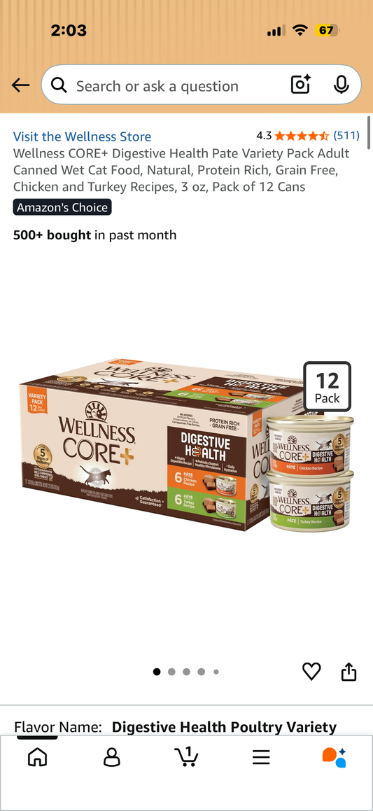 Wellness CORE+ Digestive Health Pate Variety Pack Adult Canned Wet Cat Food, Natural, Protein Rich, Grain Free, Chicken and Turkey Recipes, 3 oz, Pack of 12 Cansa