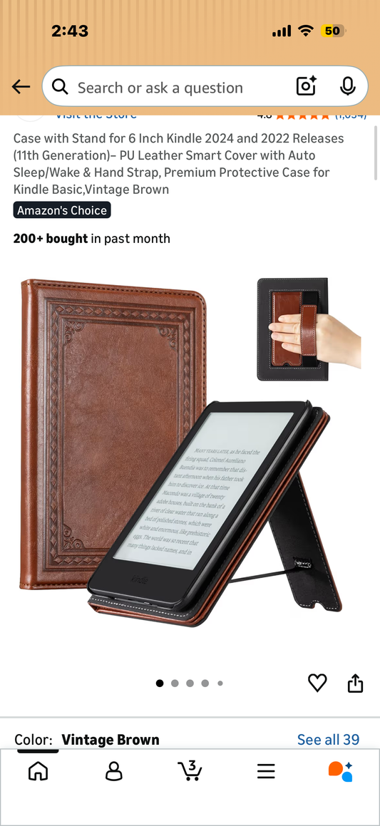 Case with Stand for 6 Inch Kindle 2024 and 2022 Releases (11th Generation)– PU Leather Smart Cover with Auto Sleep/Wake & Hand Strap, Premium Protective Case for Kindle Basic,Vintage Brown