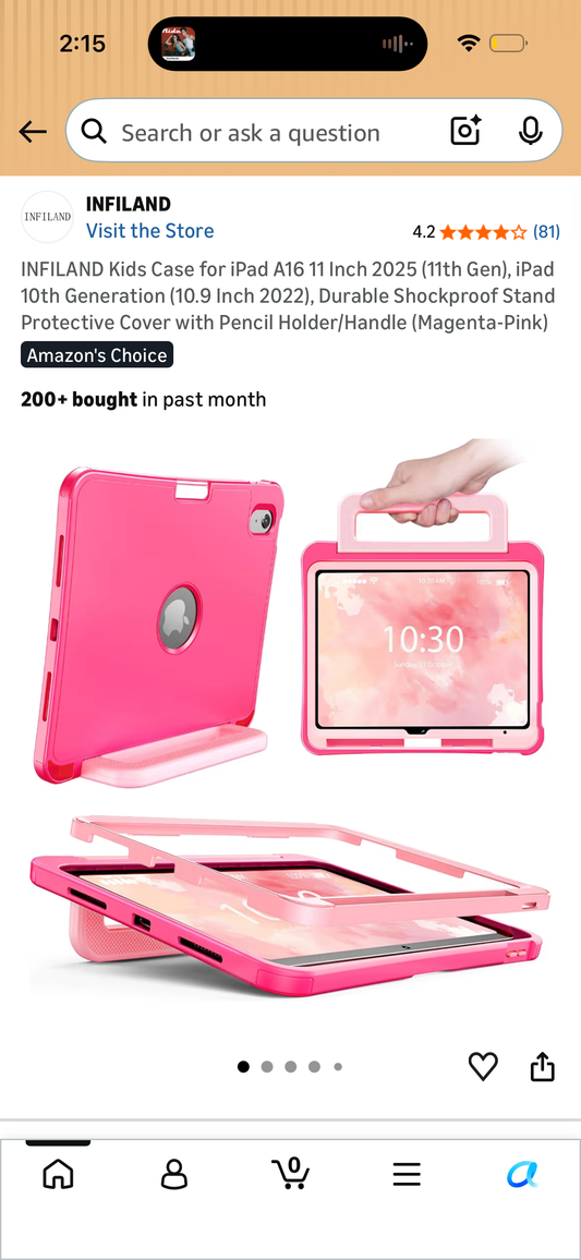 INFILAND Kids Case for iPad A16 11 Inch 2025 (11th Gen), iPad 10th Generation (10.9 Inch 2022), Durable Shockproof Stand Protective Cover with Pencil Holder/Handle (Magenta-Pink)