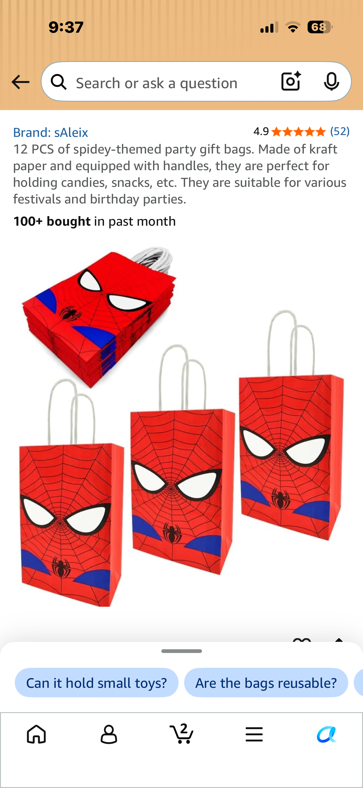 18 PCS of Spidey-themed party gift bags. Made of kraft paper and equipped with handles, they are perfect for holding candies, snacks, etc. They are suitable for various festivals and birthday parties.