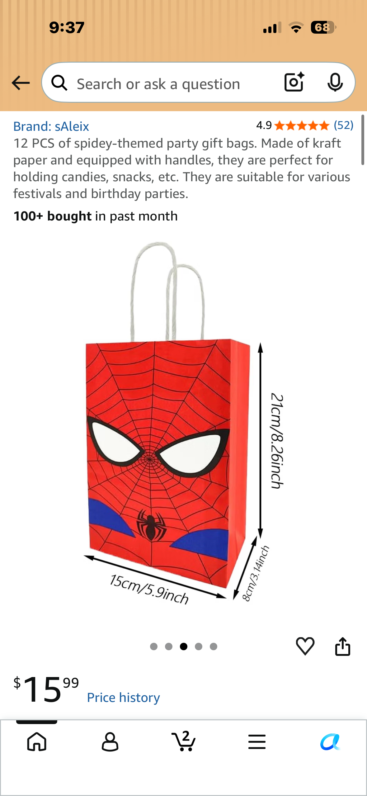 18 PCS of Spidey-themed party gift bags. Made of kraft paper and equipped with handles, they are perfect for holding candies, snacks, etc. They are suitable for various festivals and birthday parties.