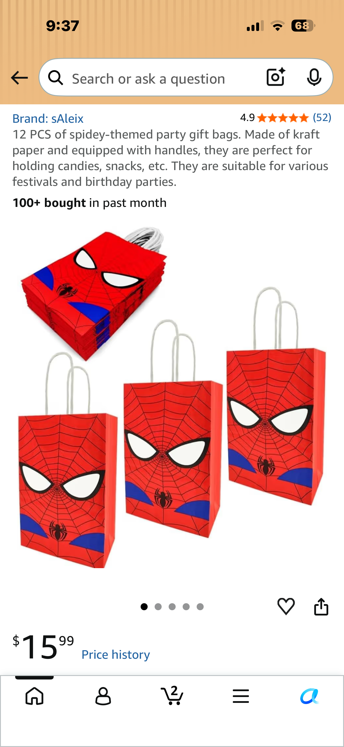 18 PCS of Spidey-themed party gift bags. Made of kraft paper and equipped with handles, they are perfect for holding candies, snacks, etc. They are suitable for various festivals and birthday parties.