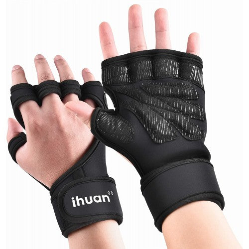 ihuan Weight Lifting Gym Workout Gloves with Wrist Wrap Support for Men & Women, Full Palm Protection, for Weightlifting, Training, Fitness, Exercise, Pull ups (Size Medium)