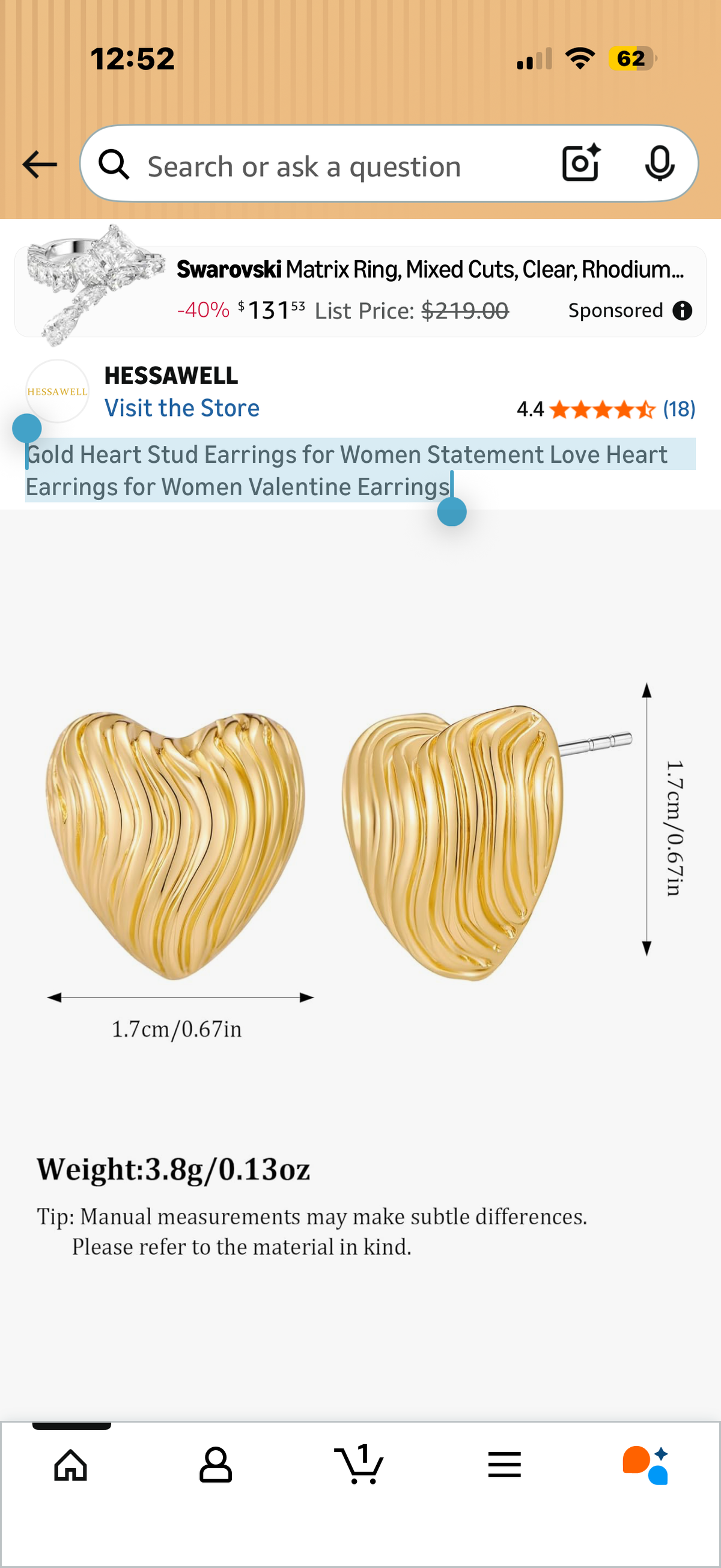 Gold Heart Stud Earrings for Women