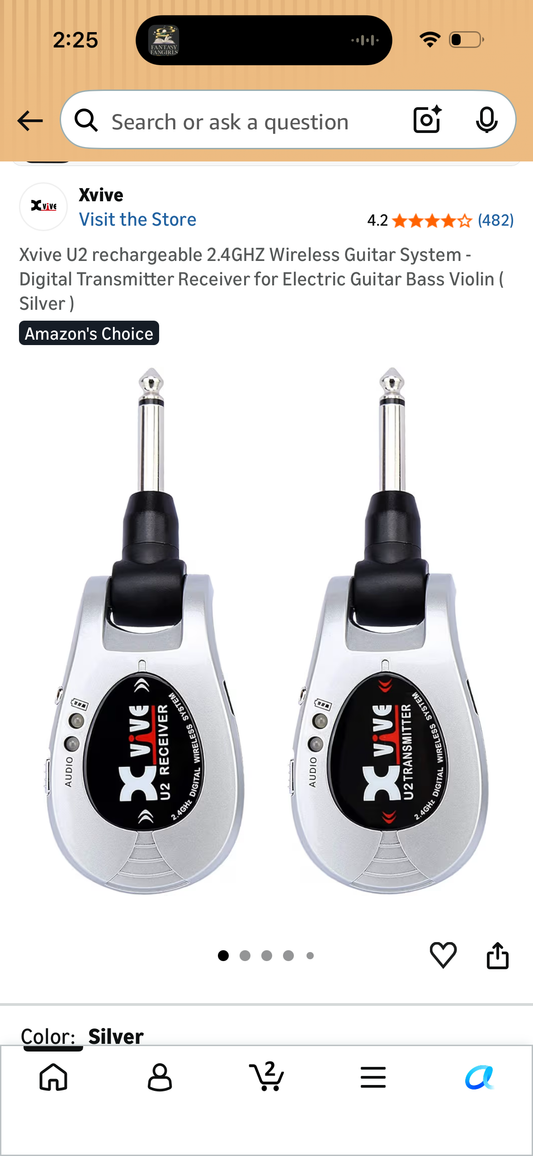 Xvive U2 rechargeable 2.4GHZ Wireless Guitar System - Digital Transmitter Receiver for Electric Guitar Bass Violin ( Silver )