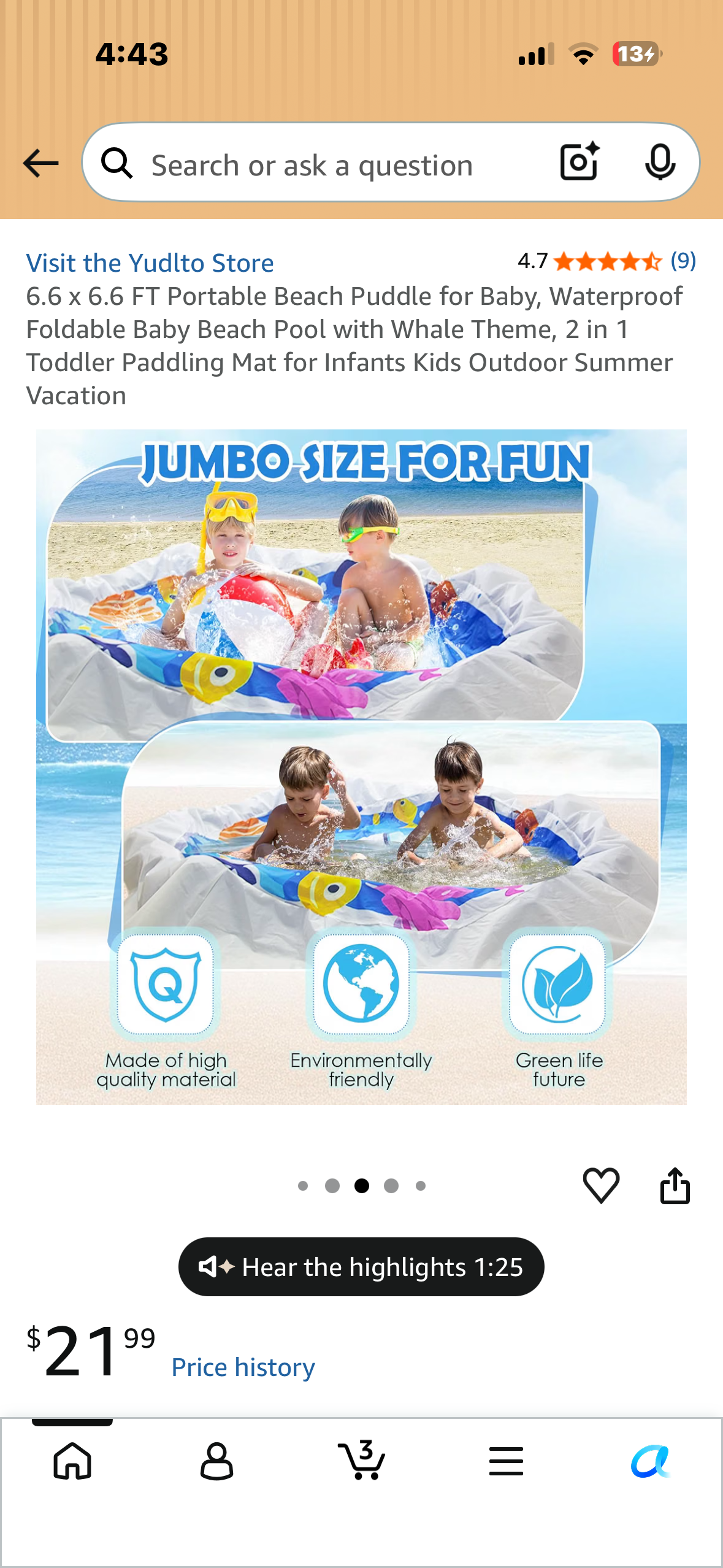 6.6 x 6.6 FT Portable Beach Puddle for Baby