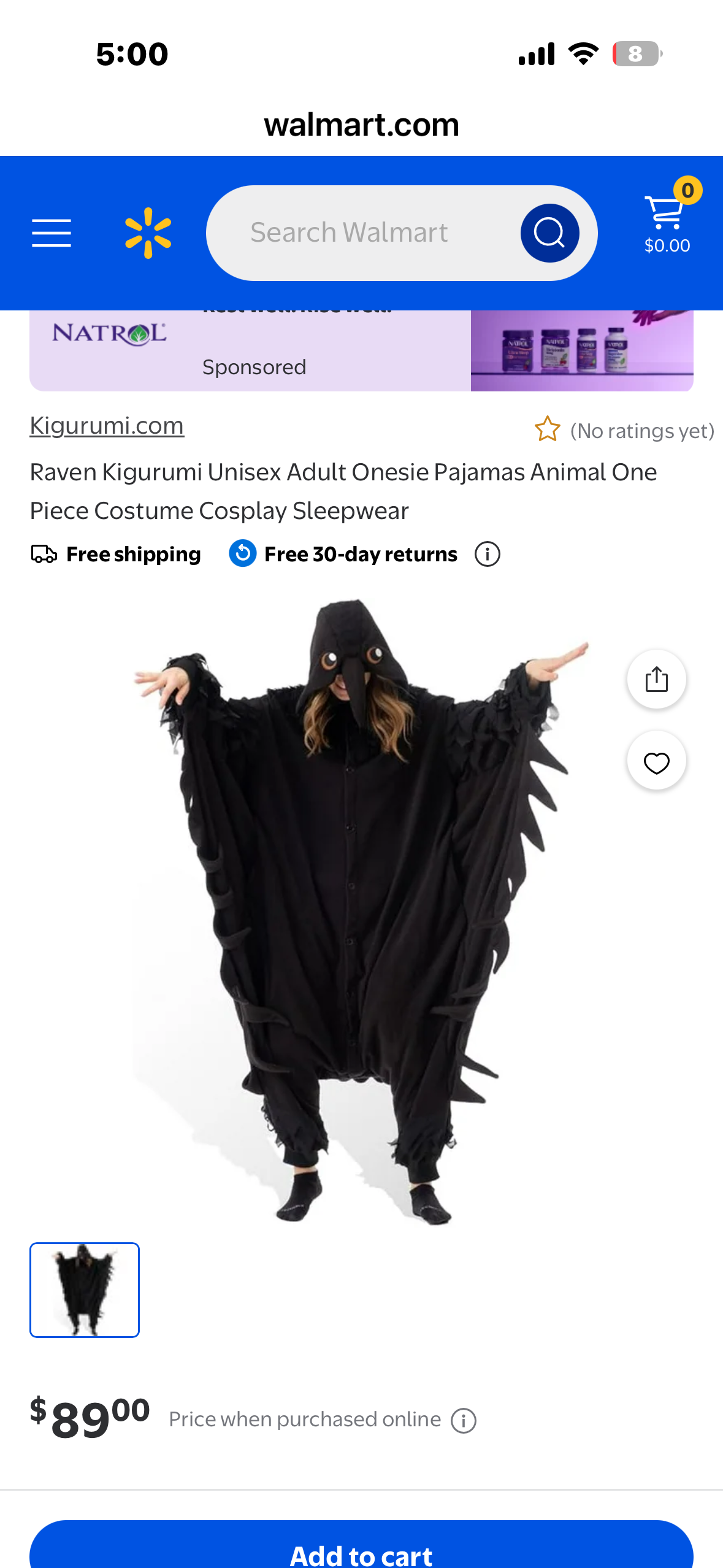 SAZAC Halloween Raven Kigurumi Onesie Costume Black (One Size, Fits Most Adults)