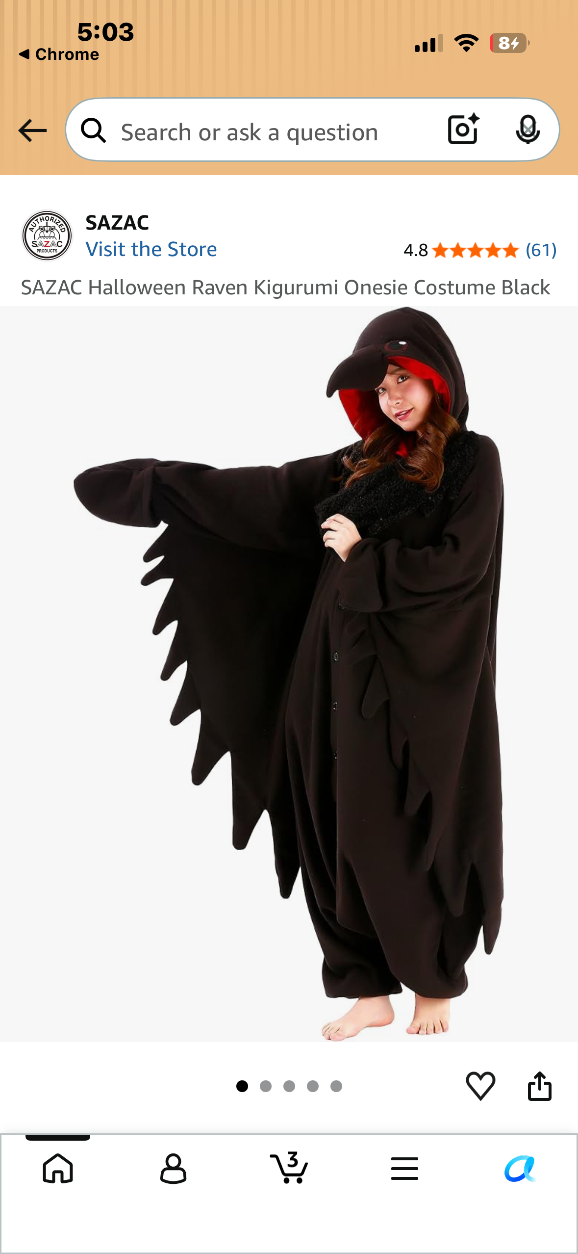 SAZAC Halloween Raven Kigurumi Onesie Costume Black (One Size, Fits Most Adults)