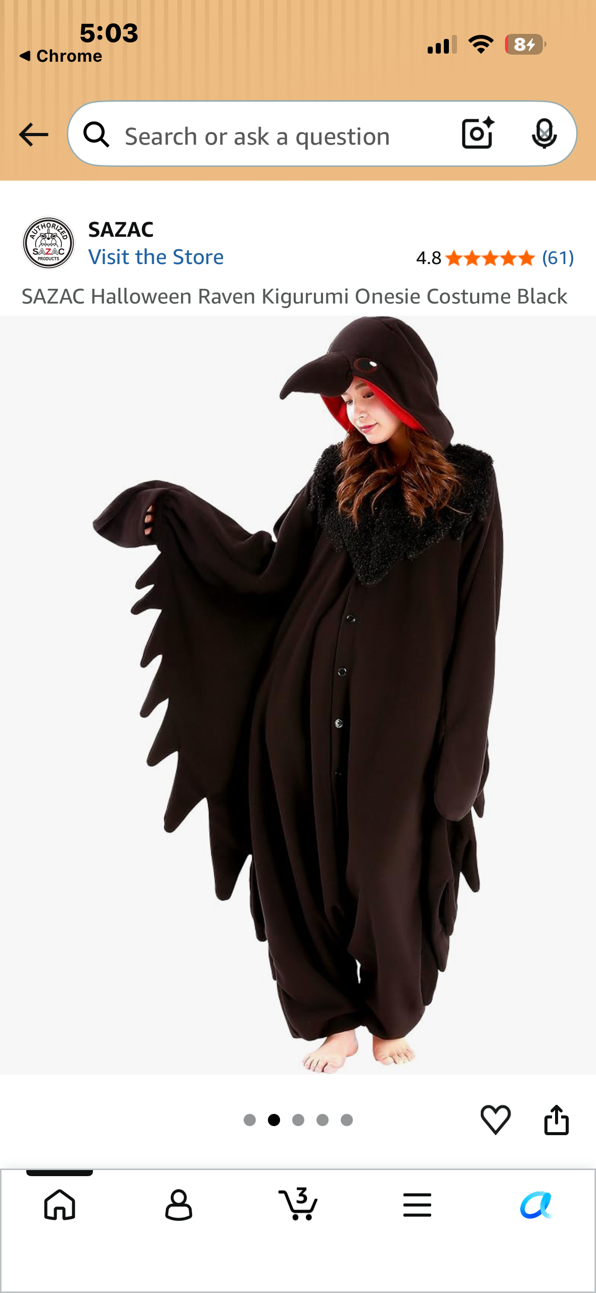 SAZAC Halloween Raven Kigurumi Onesie Costume Black (One Size, Fits Most Adults)