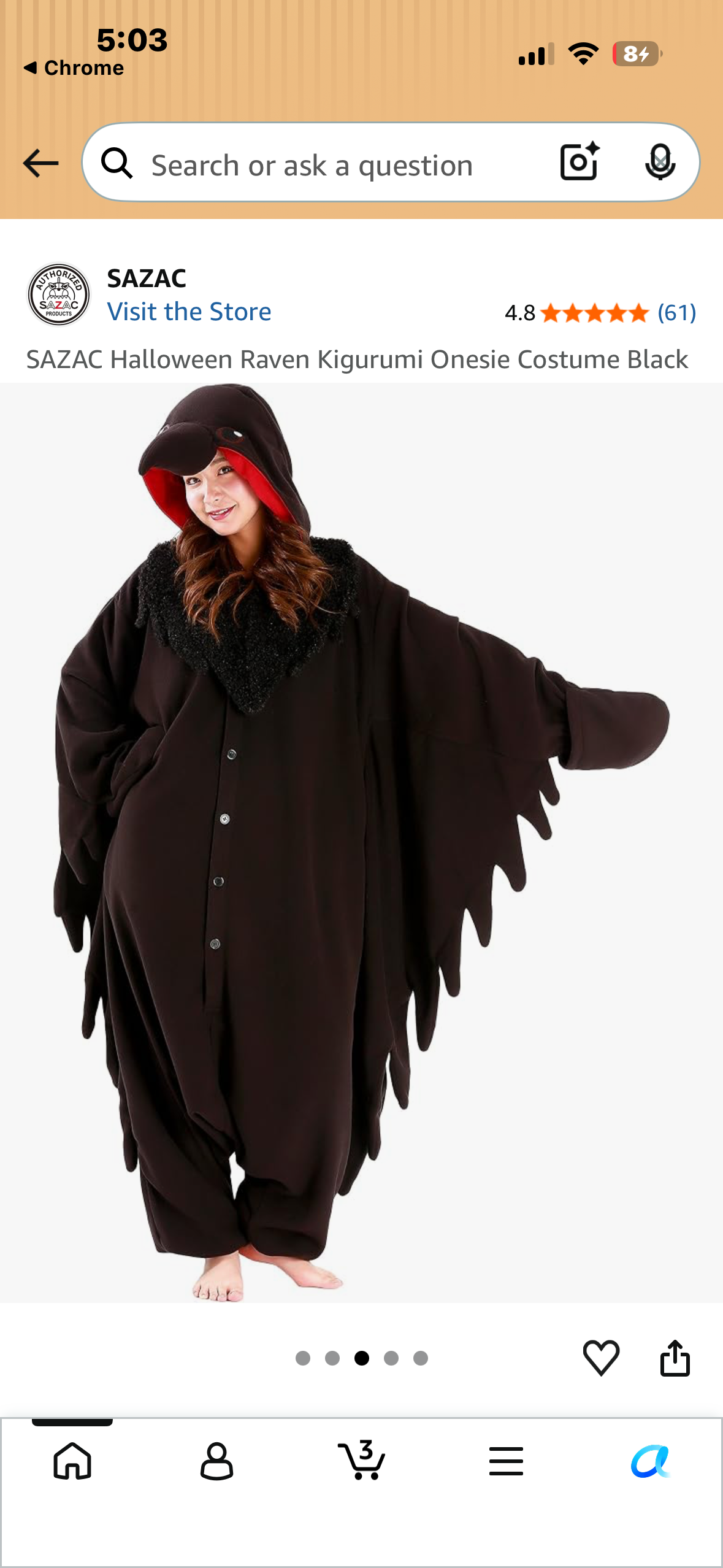 SAZAC Halloween Raven Kigurumi Onesie Costume Black (One Size, Fits Most Adults)