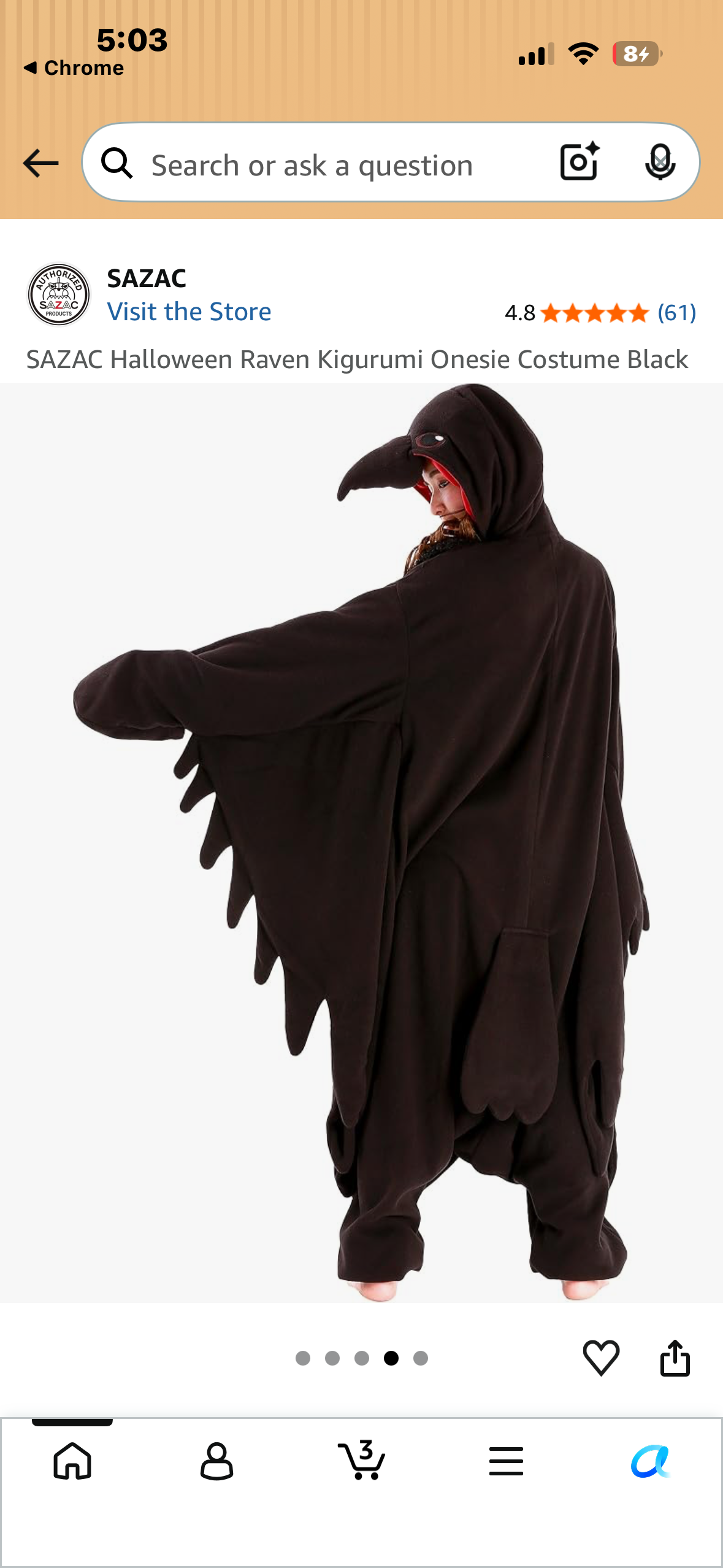 SAZAC Halloween Raven Kigurumi Onesie Costume Black (One Size, Fits Most Adults)