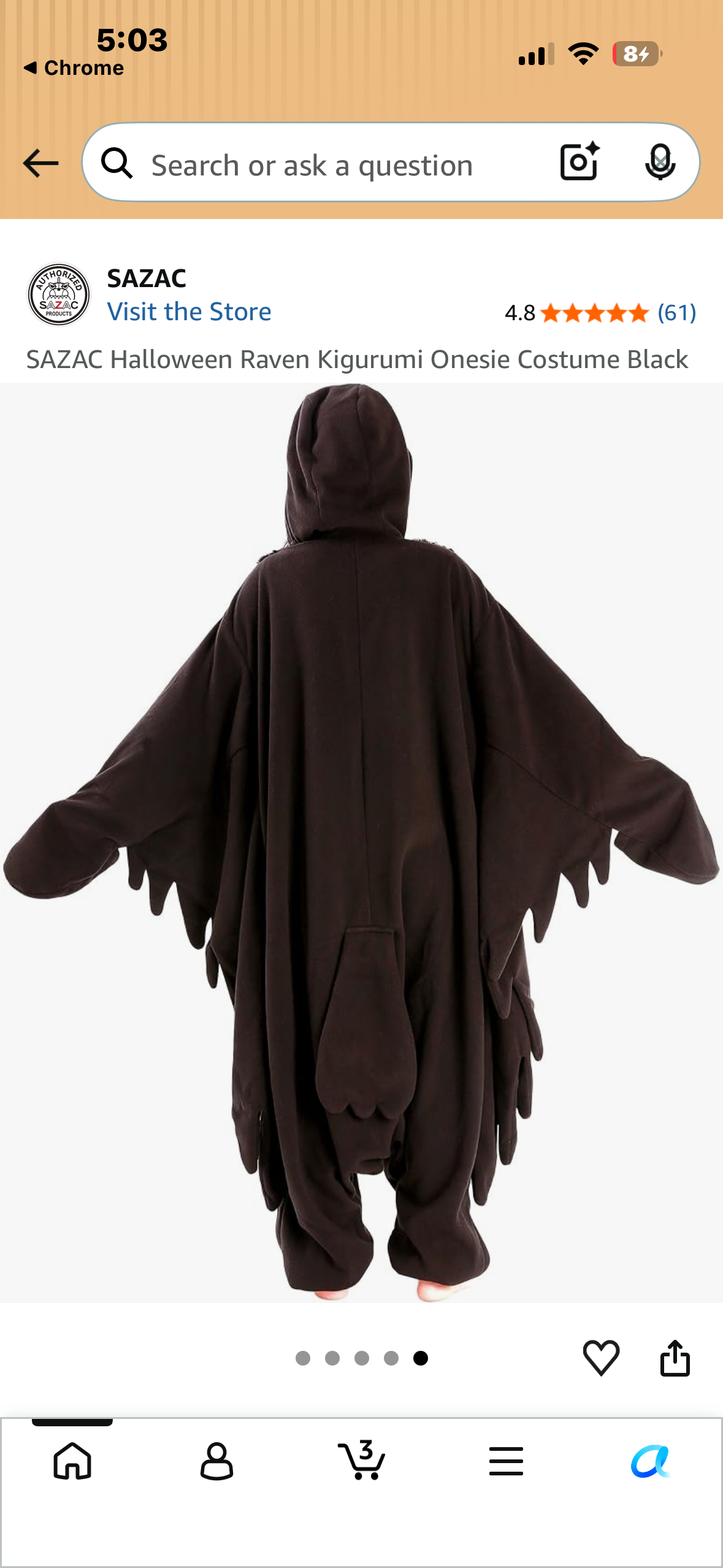 SAZAC Halloween Raven Kigurumi Onesie Costume Black (One Size, Fits Most Adults)