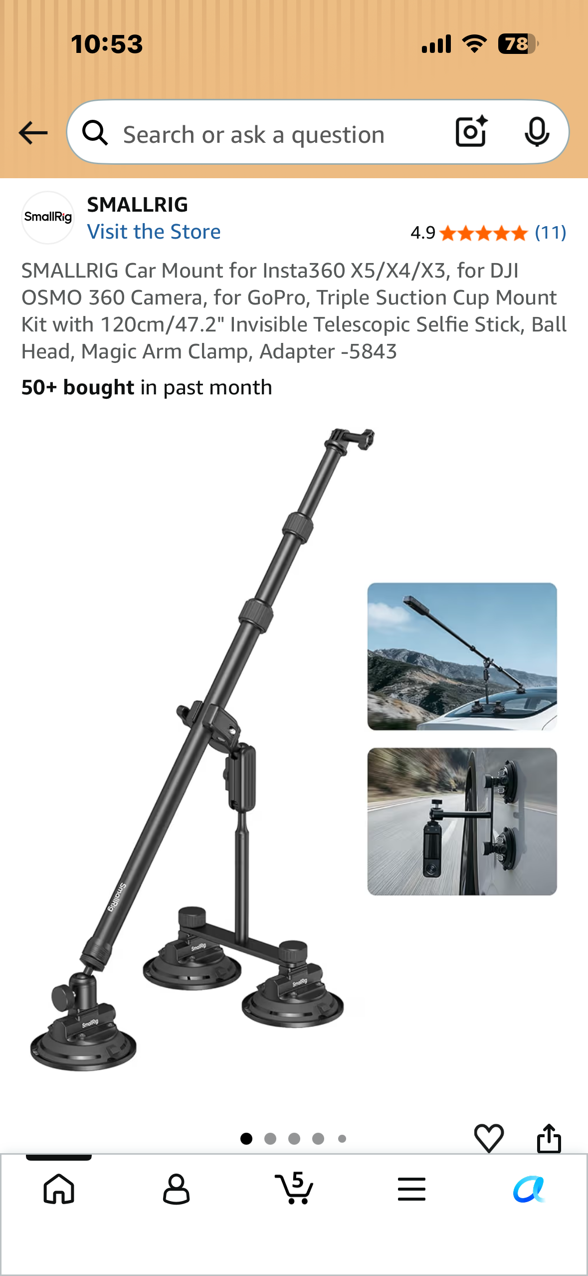 SMALLRIG Car Mount for Insta360 X5/X4/X3,  DJI OSMO 360 Camera, GoPro, Triple Suction Cup Mount Kit with 120cm/47.2" Invisible Telescopic Selfie Stick, Ball Head, Magic Arm Clamp, Adapter -5843