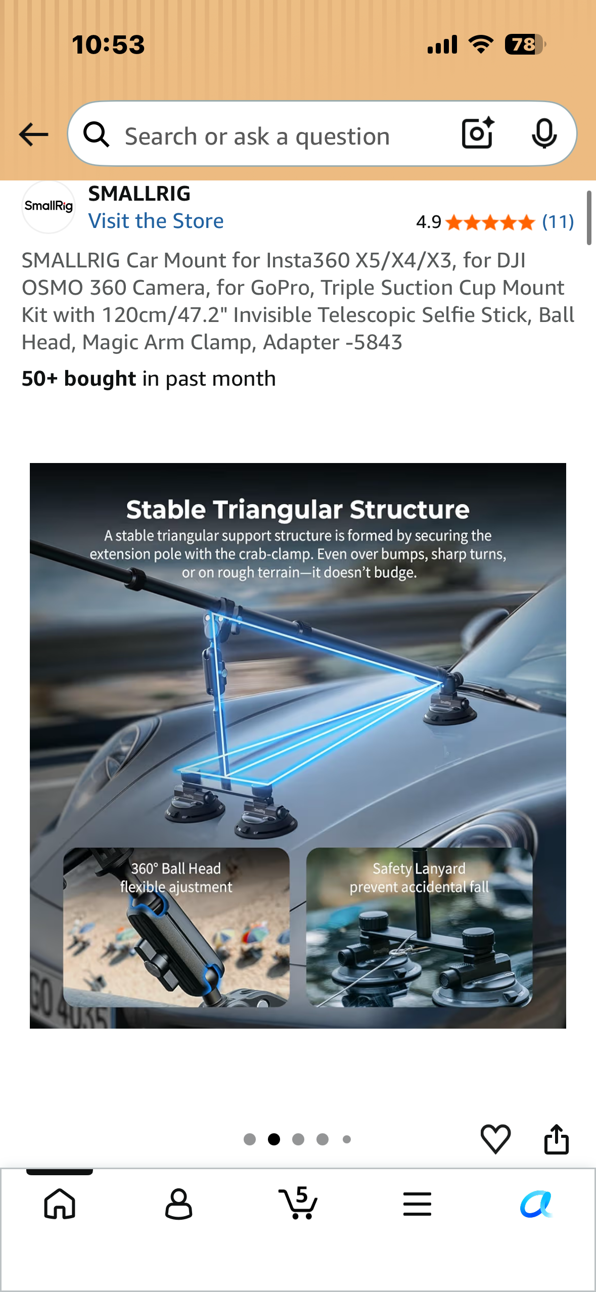SMALLRIG Car Mount for Insta360 X5/X4/X3,  DJI OSMO 360 Camera, GoPro, Triple Suction Cup Mount Kit with 120cm/47.2" Invisible Telescopic Selfie Stick, Ball Head, Magic Arm Clamp, Adapter -5843