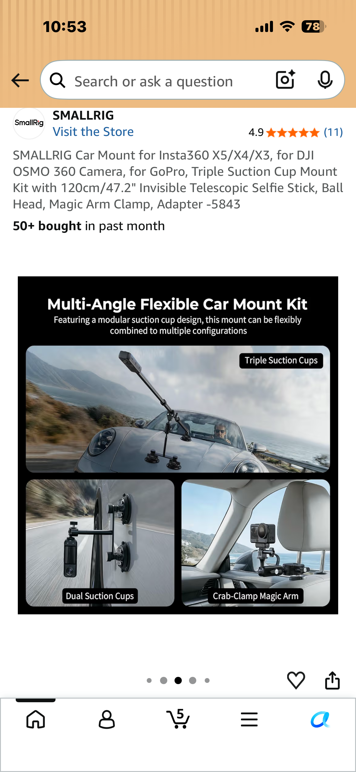 SMALLRIG Car Mount for Insta360 X5/X4/X3,  DJI OSMO 360 Camera, GoPro, Triple Suction Cup Mount Kit with 120cm/47.2" Invisible Telescopic Selfie Stick, Ball Head, Magic Arm Clamp, Adapter -5843