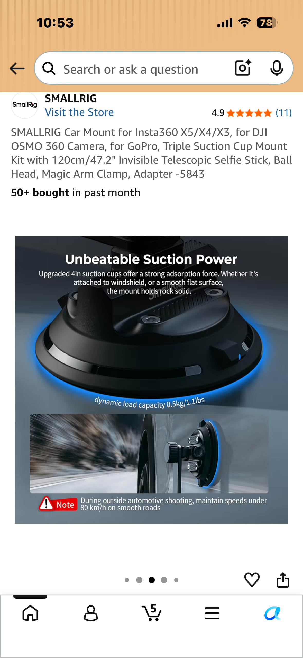 SMALLRIG Car Mount for Insta360 X5/X4/X3,  DJI OSMO 360 Camera, GoPro, Triple Suction Cup Mount Kit with 120cm/47.2" Invisible Telescopic Selfie Stick, Ball Head, Magic Arm Clamp, Adapter -5843