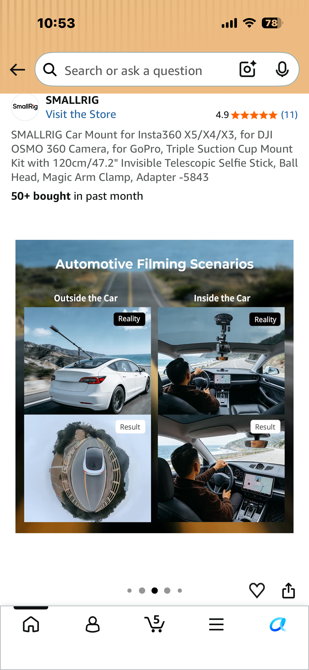 SMALLRIG Car Mount for Insta360 X5/X4/X3,  DJI OSMO 360 Camera, GoPro, Triple Suction Cup Mount Kit with 120cm/47.2" Invisible Telescopic Selfie Stick, Ball Head, Magic Arm Clamp, Adapter -5843