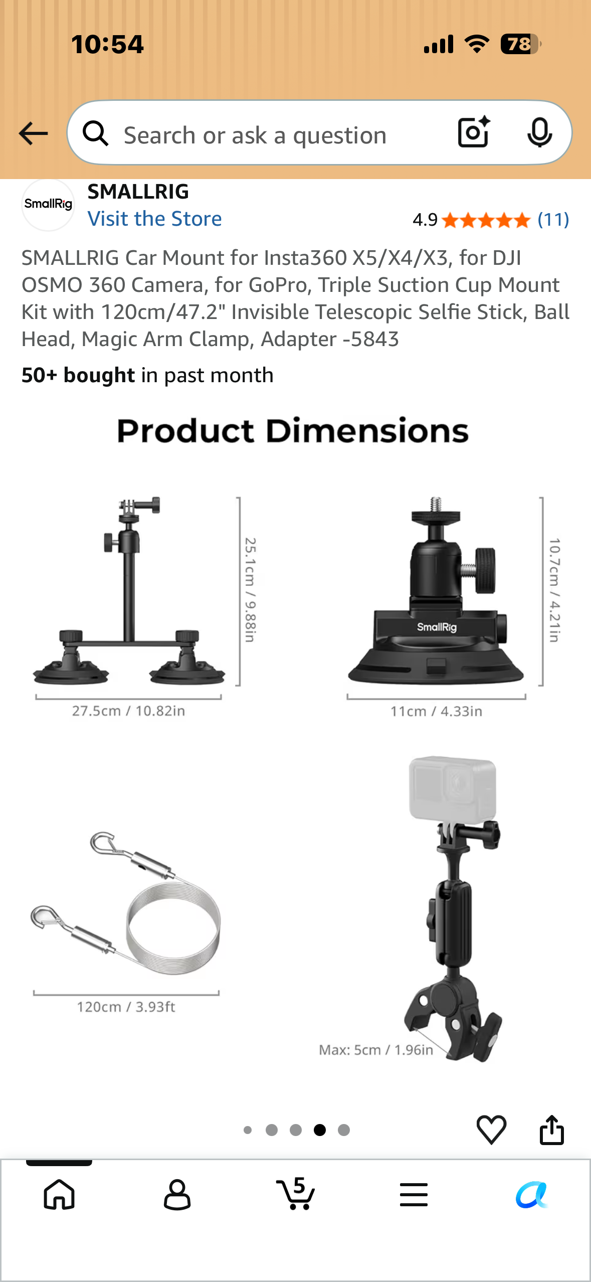 SMALLRIG Car Mount for Insta360 X5/X4/X3,  DJI OSMO 360 Camera, GoPro, Triple Suction Cup Mount Kit with 120cm/47.2" Invisible Telescopic Selfie Stick, Ball Head, Magic Arm Clamp, Adapter -5843