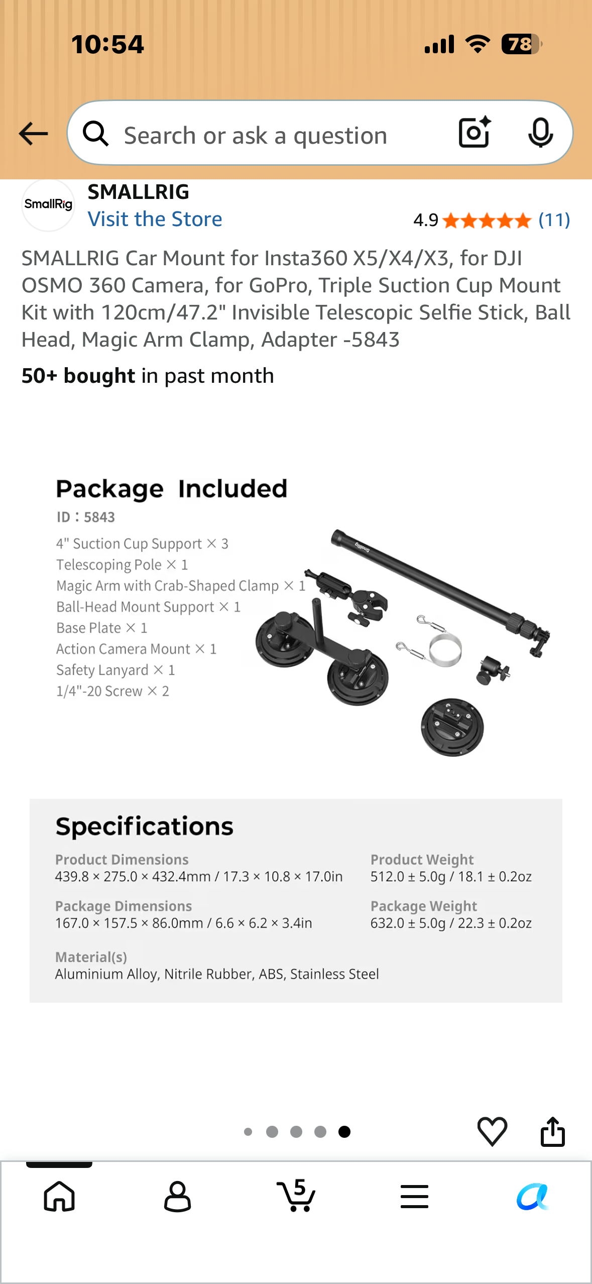 SMALLRIG Car Mount for Insta360 X5/X4/X3,  DJI OSMO 360 Camera, GoPro, Triple Suction Cup Mount Kit with 120cm/47.2" Invisible Telescopic Selfie Stick, Ball Head, Magic Arm Clamp, Adapter -5843