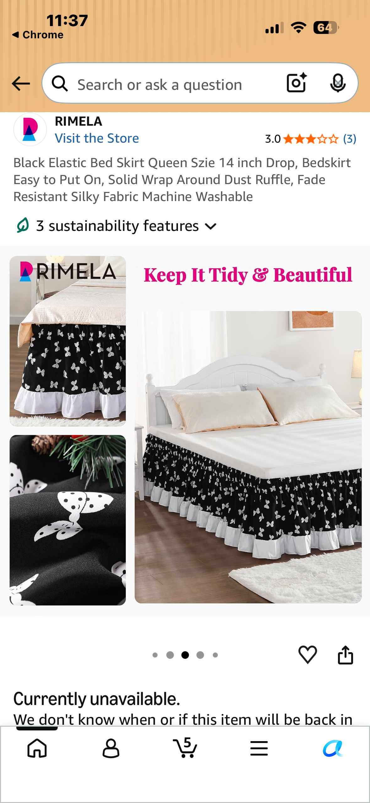 Black with Bow Tie Elastic Bed Skirt, Queen Size, 14 inch Drop Bedskirt, Easy to Put On, Wrap Around Dust Ruffle, Fade Resistant Silky Fabric Machine Washable