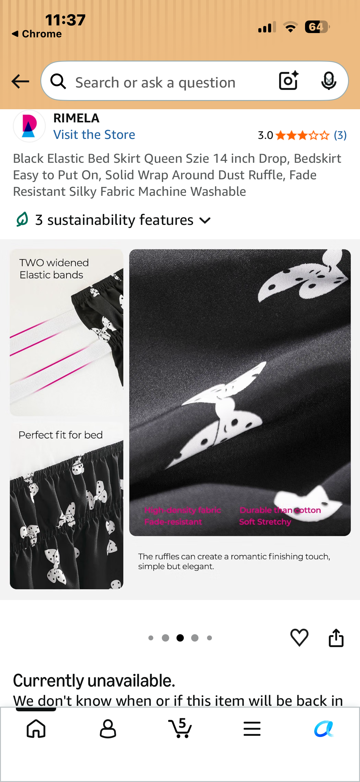 Black with Bow Tie Elastic Bed Skirt, Queen Size, 14 inch Drop Bedskirt, Easy to Put On, Wrap Around Dust Ruffle, Fade Resistant Silky Fabric Machine Washable