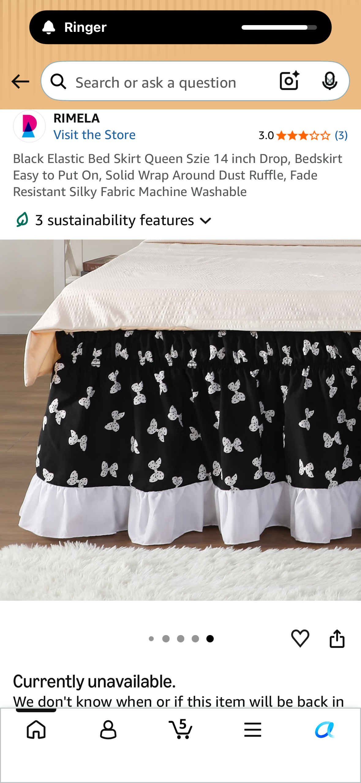 Black with Bow Tie Elastic Bed Skirt, Queen Size, 14 inch Drop Bedskirt, Easy to Put On, Wrap Around Dust Ruffle, Fade Resistant Silky Fabric Machine Washable