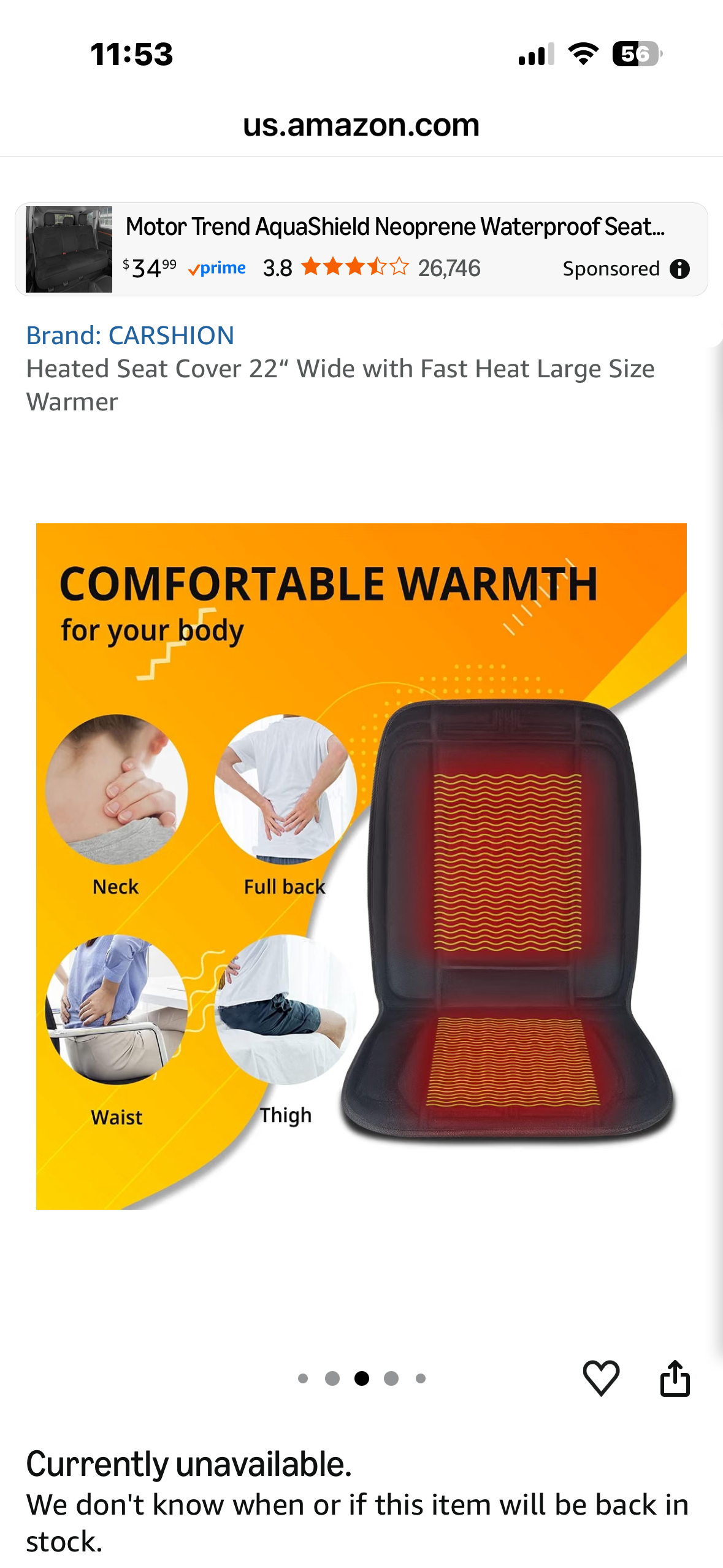 CARSHION
Heated Seat Cover, 22" Wide with Fast Heat, Heated Seat Cushion for Back and Thighs