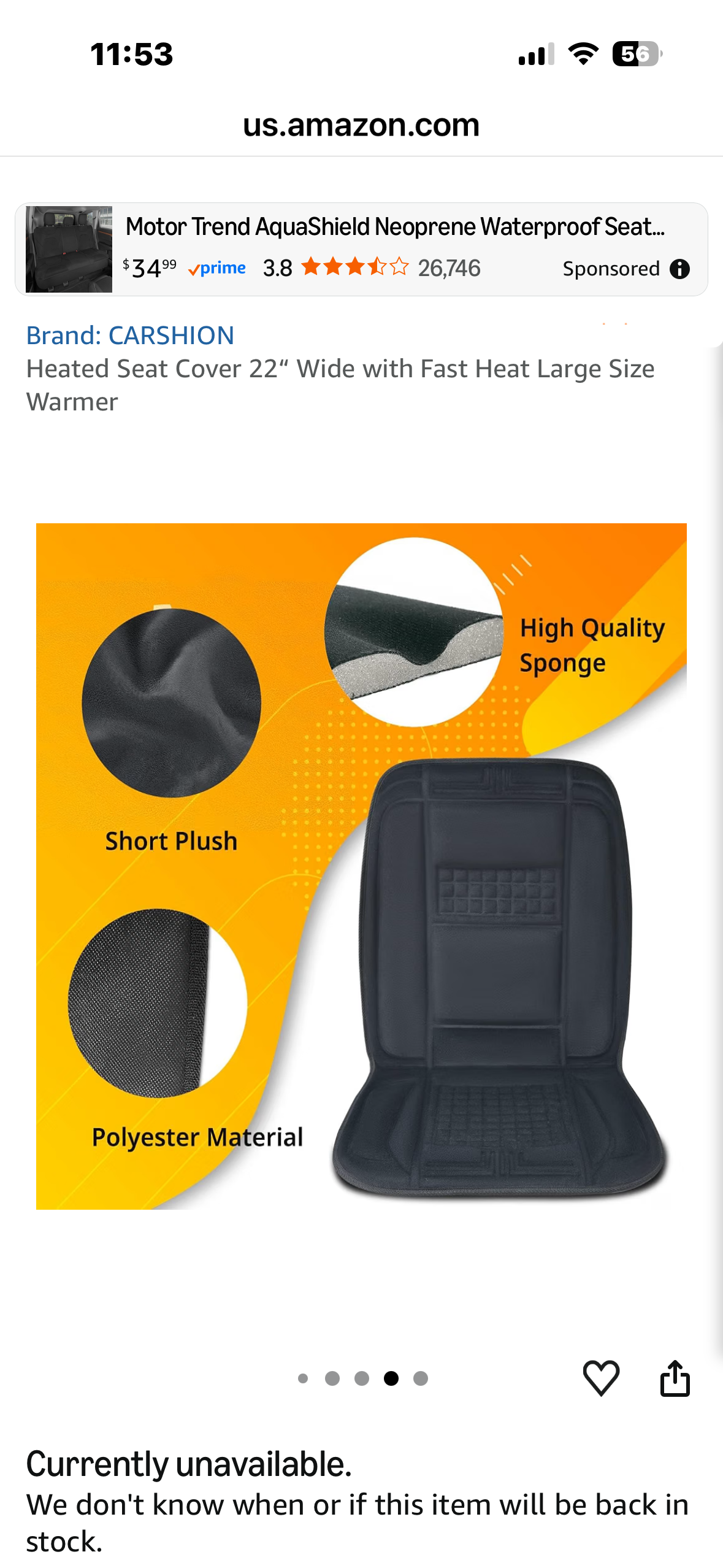 CARSHION
Heated Seat Cover, 22" Wide with Fast Heat, Heated Seat Cushion for Back and Thighs