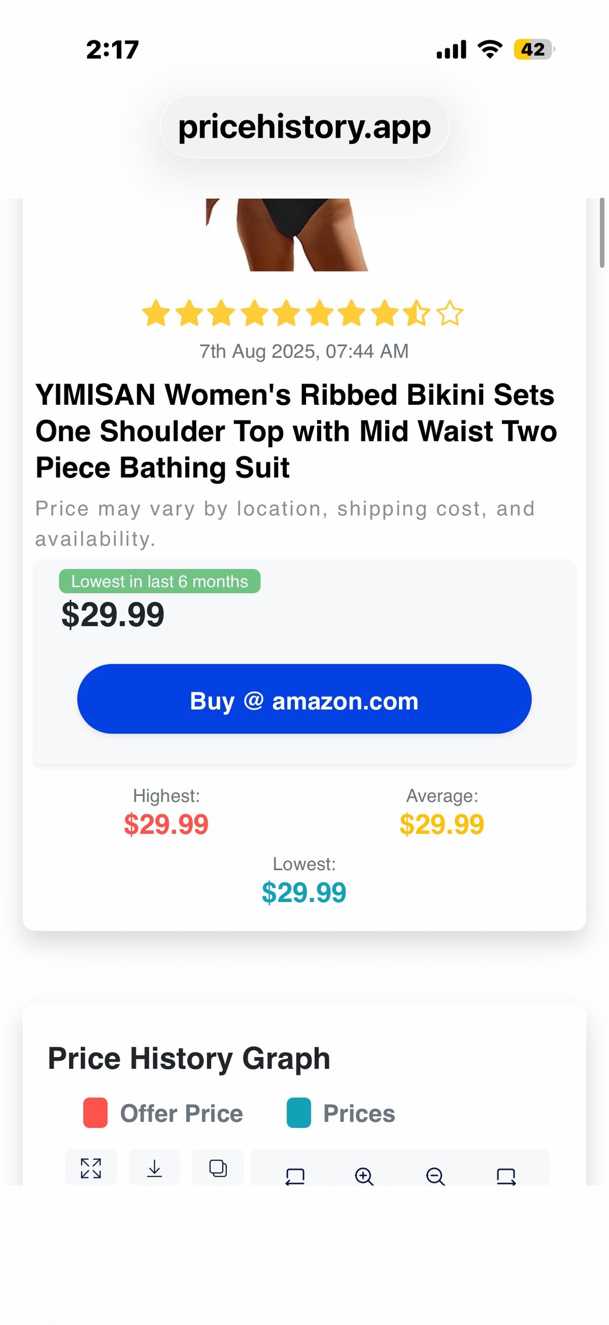 Women's Ribbed Bikini Sets One Shoulder Top withMid Waist Two Piece Bathing Suit (Size Small)