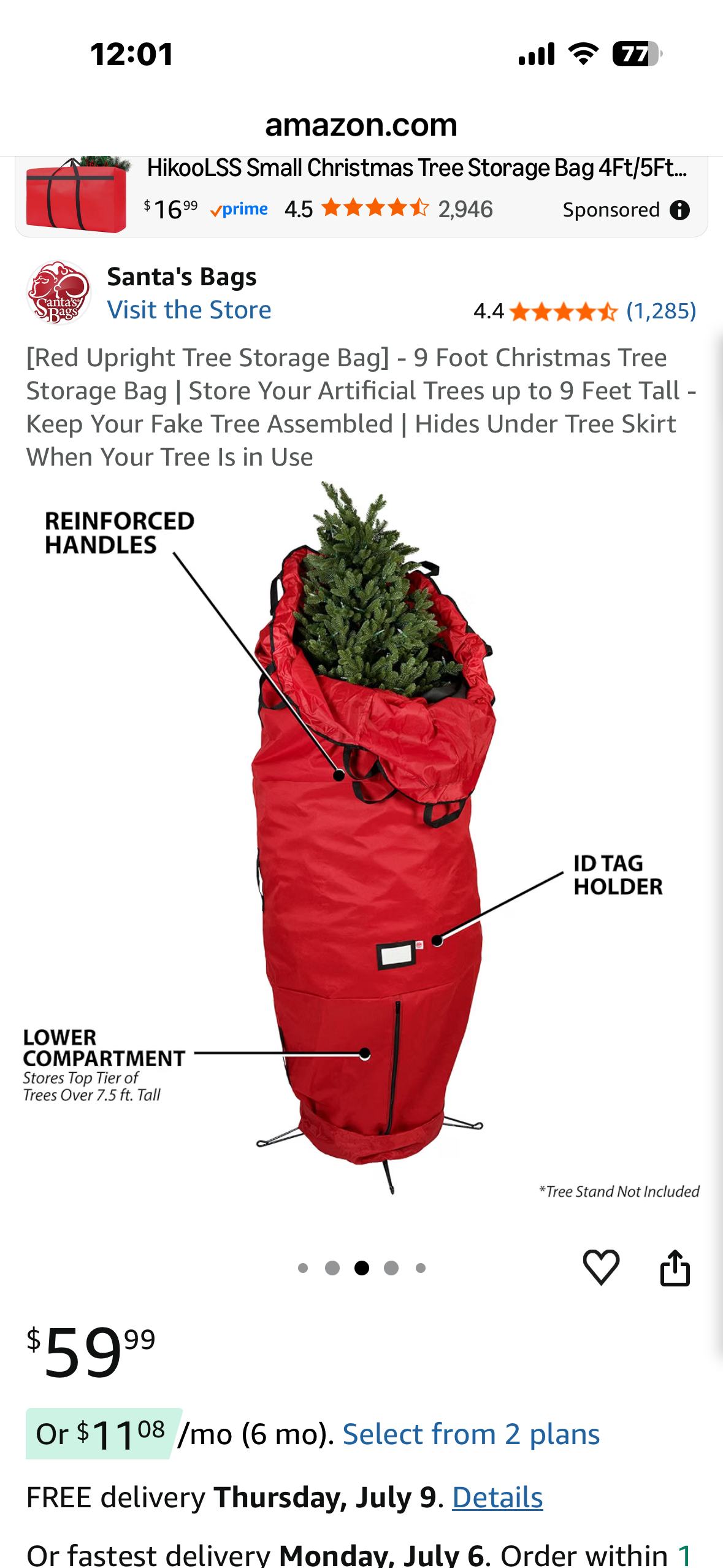Red Upright Tree Storage Bag- 9 Foot Christmas Tree Storage Bag, Store Your Artificial Tree up to 9 Feet Tall, Hides Under Tree Skirt When Your Tree Is in Use