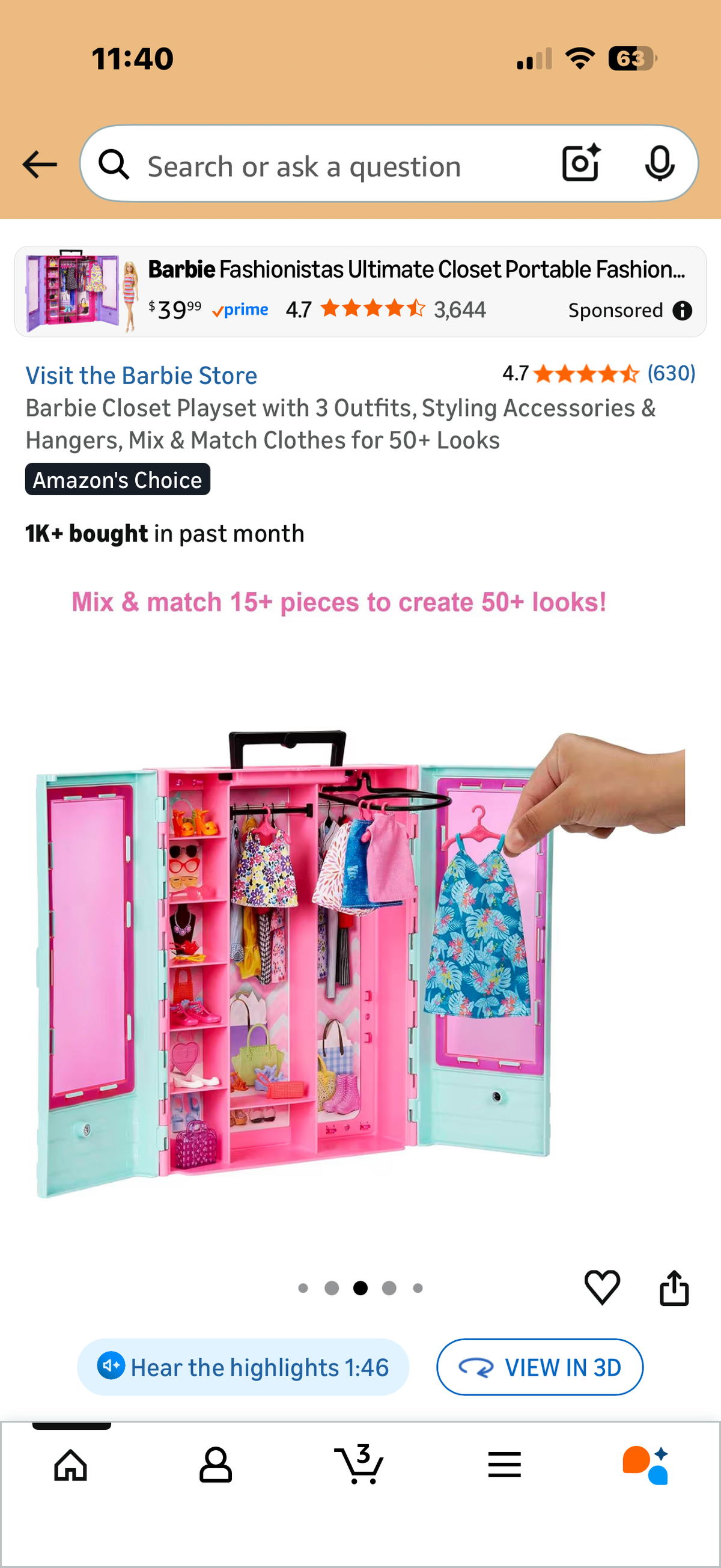 Pink Closet Playset with 3 Outfits, Styling Accessories & Hangers, Mix & Match Clothes for 50+ Looks