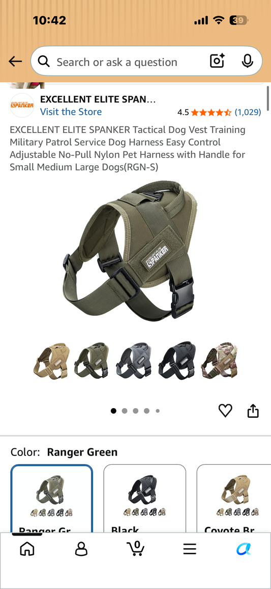 EXCELLENT ELITE SPANKER Tactical Military Dog Harness Adjustable No-Pull Military Patrol Service Dog Harness Training Hunting Vest with Handle(RGN-S) (Size Small)