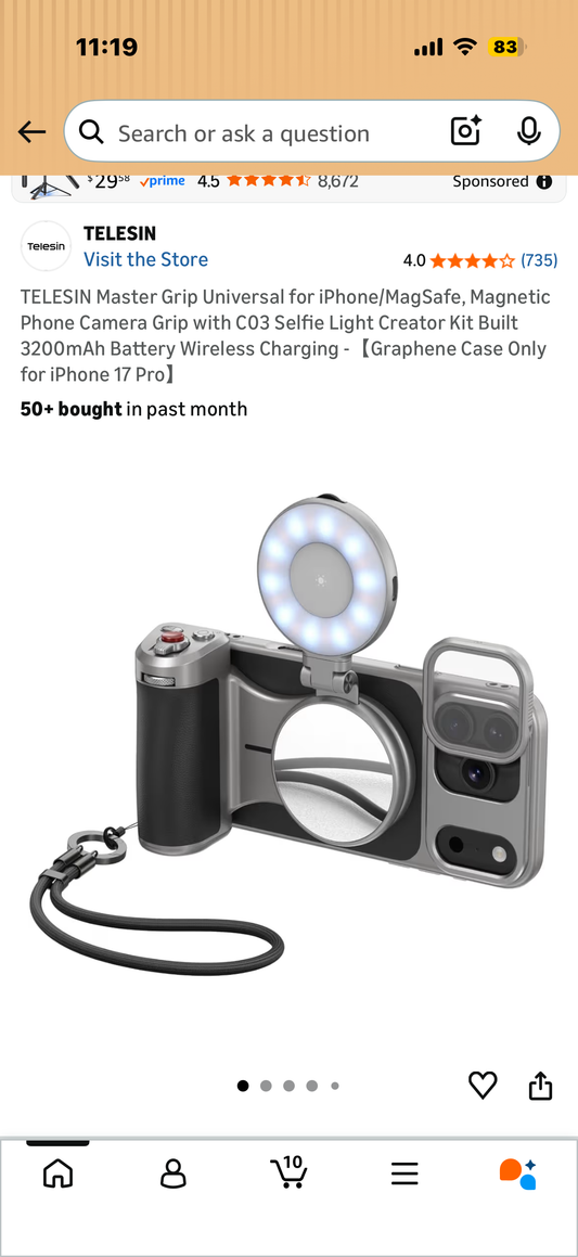 TELESIN Master Grip Universal for iPhone/MagSafe, Magnetic Phone Camera Grip with C03 Selfie Light Creator Kit Built 3200mAh Battery Wireless Charging -【Graphene Case Only for iPhone 17 Pro
