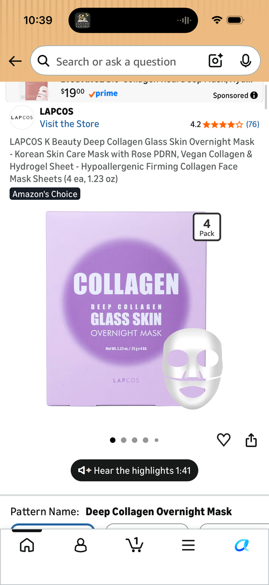 LAPCOS K Beauty Deep Collagen Glass Skin Overnight Mask - Korean Skin Care Mask with Rose PDRN, Vegan Collagen & Hydrogel Sheet - Hypoallergenic Firming Collagen Face Mask Sheets (4 ea, 1.23 oz)