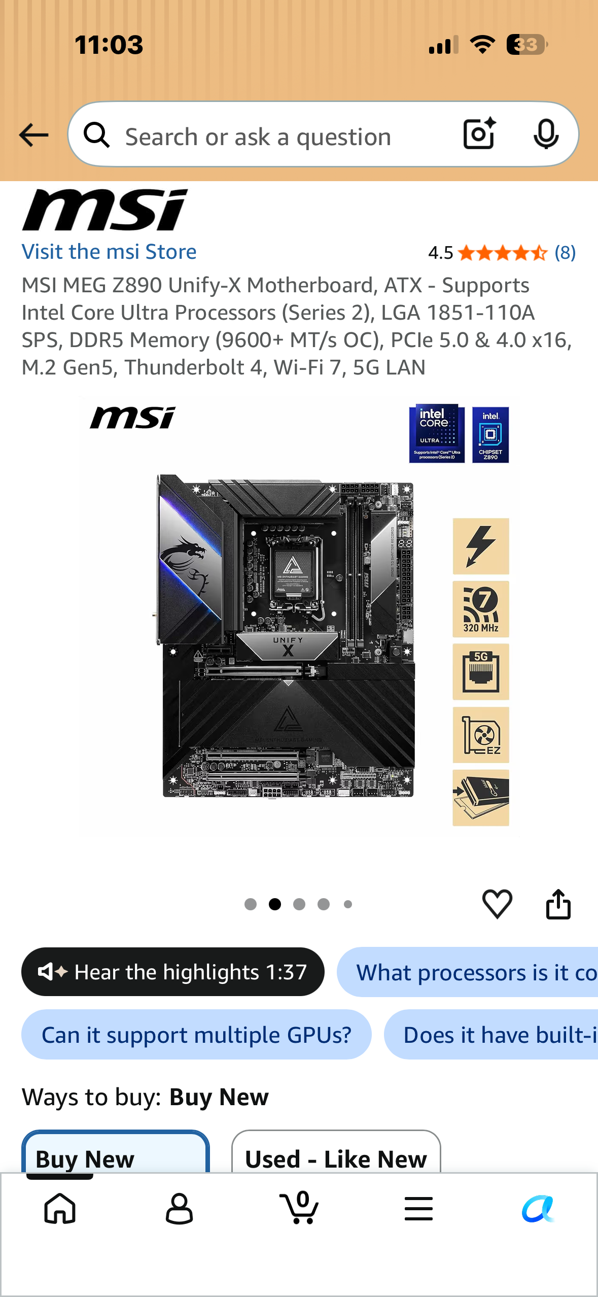 MSI MEG Z890 Unify-X Motherboard, ATX - Supports Intel Core Ultra Processors (Series 2), LGA 1851-110A SPS, DDR5 Memory (9600+ MT/s OC), PCIe 5.0 & 4.0 x16, M.2 Gen5, Thunderbolt 4, Wi-Fi 7, 5G LAN (MPS)
