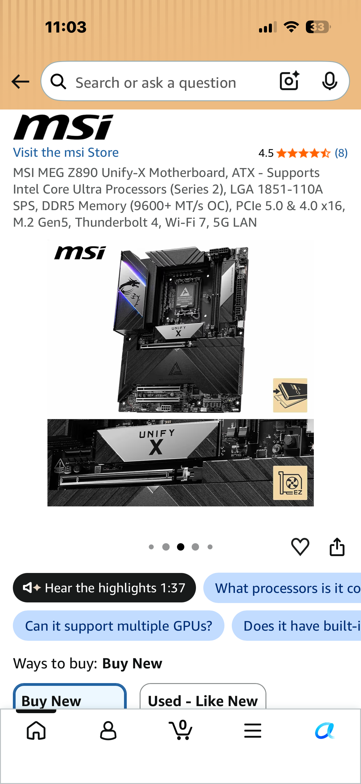 MSI MEG Z890 Unify-X Motherboard, ATX - Supports Intel Core Ultra Processors (Series 2), LGA 1851-110A SPS, DDR5 Memory (9600+ MT/s OC), PCIe 5.0 & 4.0 x16, M.2 Gen5, Thunderbolt 4, Wi-Fi 7, 5G LAN (MPS)
