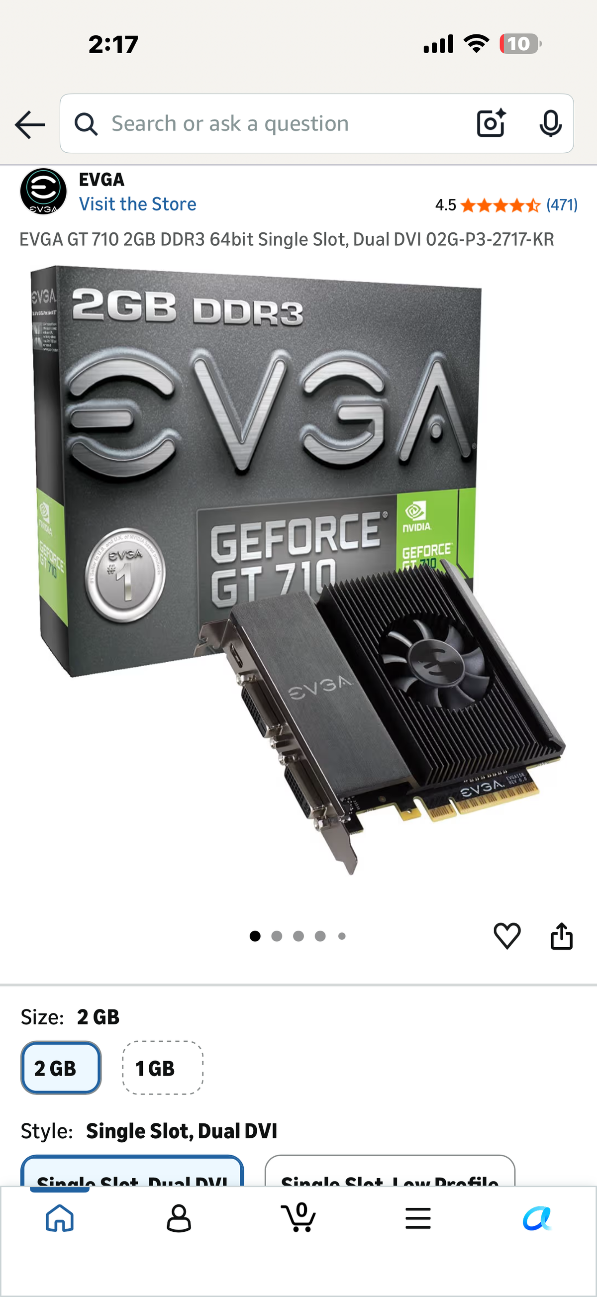 EVGA GT 710 2GB DDR3 64bit Single Slot, Dual DVI 02G-P3-2717-KR