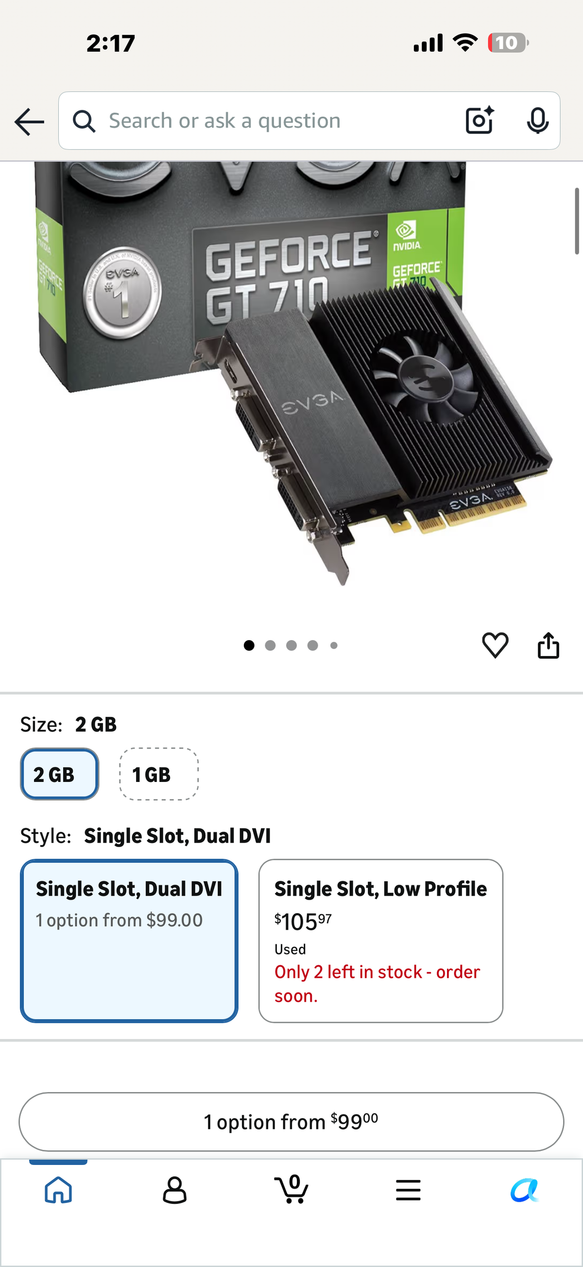 EVGA GT 710 2GB DDR3 64bit Single Slot, Dual DVI 02G-P3-2717-KR