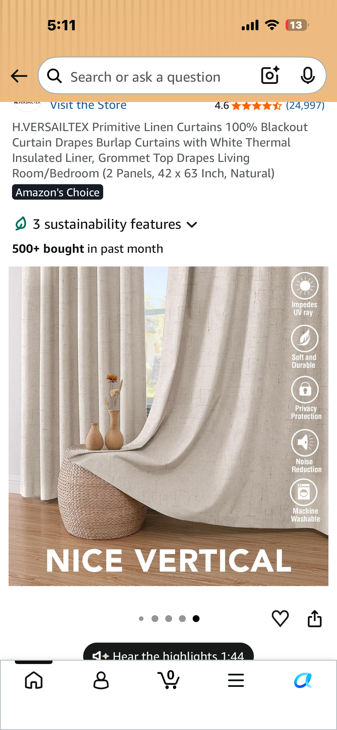 H.VERSAILTEX Primitive Linen Curtains 100% Blackout Curtain Drapes Burlap Curtains with White Thermal Insulated Liner, Grommet Top Drapes Living Room/Bedroom (2 Panels, 42 x 63 Inch, Natural)