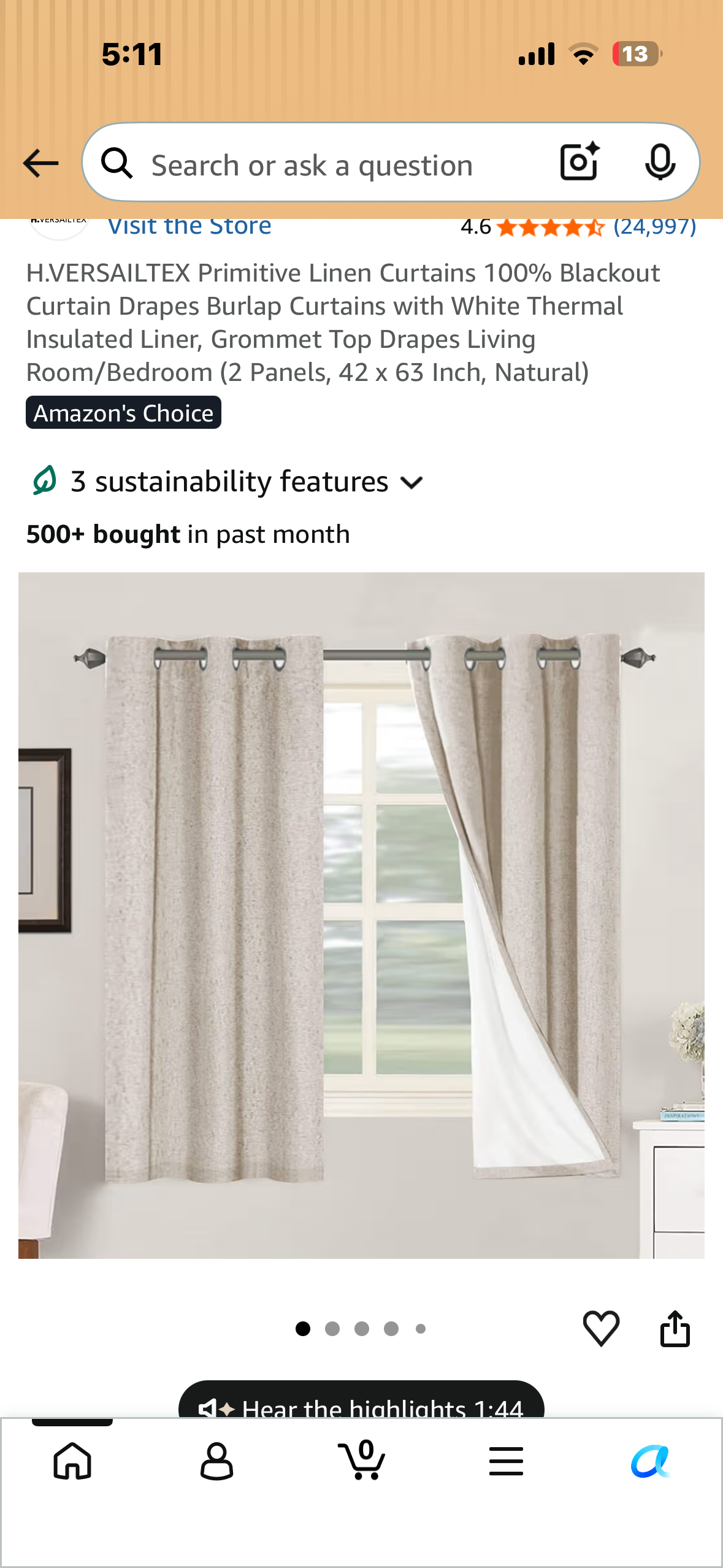 H.VERSAILTEX Primitive Linen Curtains 100% Blackout Curtain Drapes Burlap Curtains with White Thermal Insulated Liner, Grommet Top Drapes Living Room/Bedroom (2 Panels, 42 x 63 Inch, Natural)