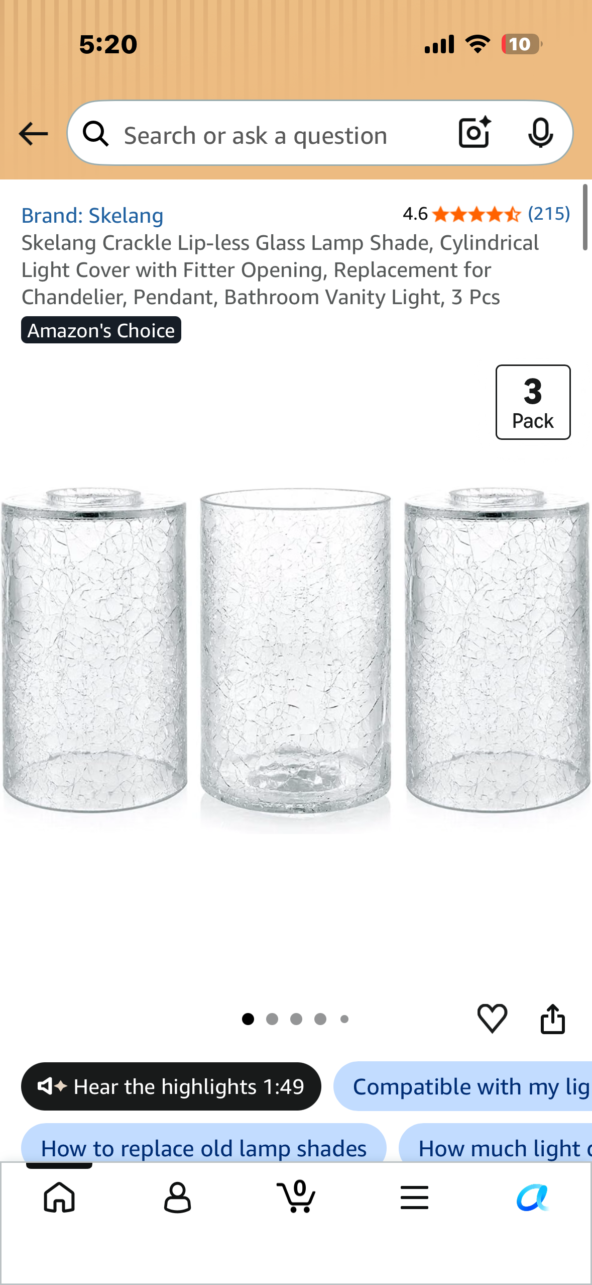 Skelang Crackle Lip-less Glass Lamp Shade, Cylindrical Light Cover with Fitter Opening, Replacement for Chandelier, Pendant, Bathroom Vanity Light, 3 Pcs