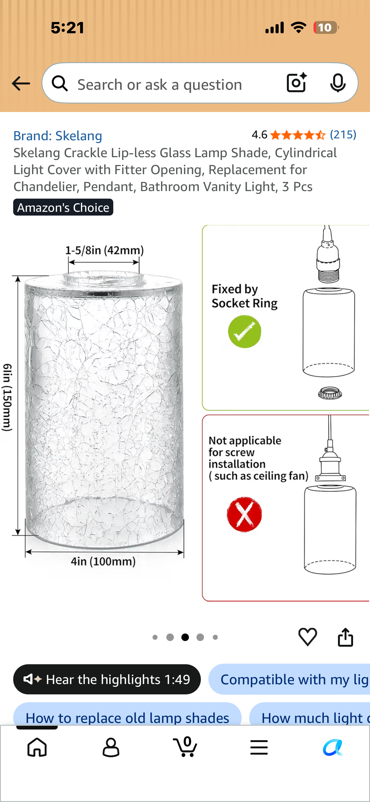 Skelang Crackle Lip-less Glass Lamp Shade, Cylindrical Light Cover with Fitter Opening, Replacement for Chandelier, Pendant, Bathroom Vanity Light, 3 Pcs