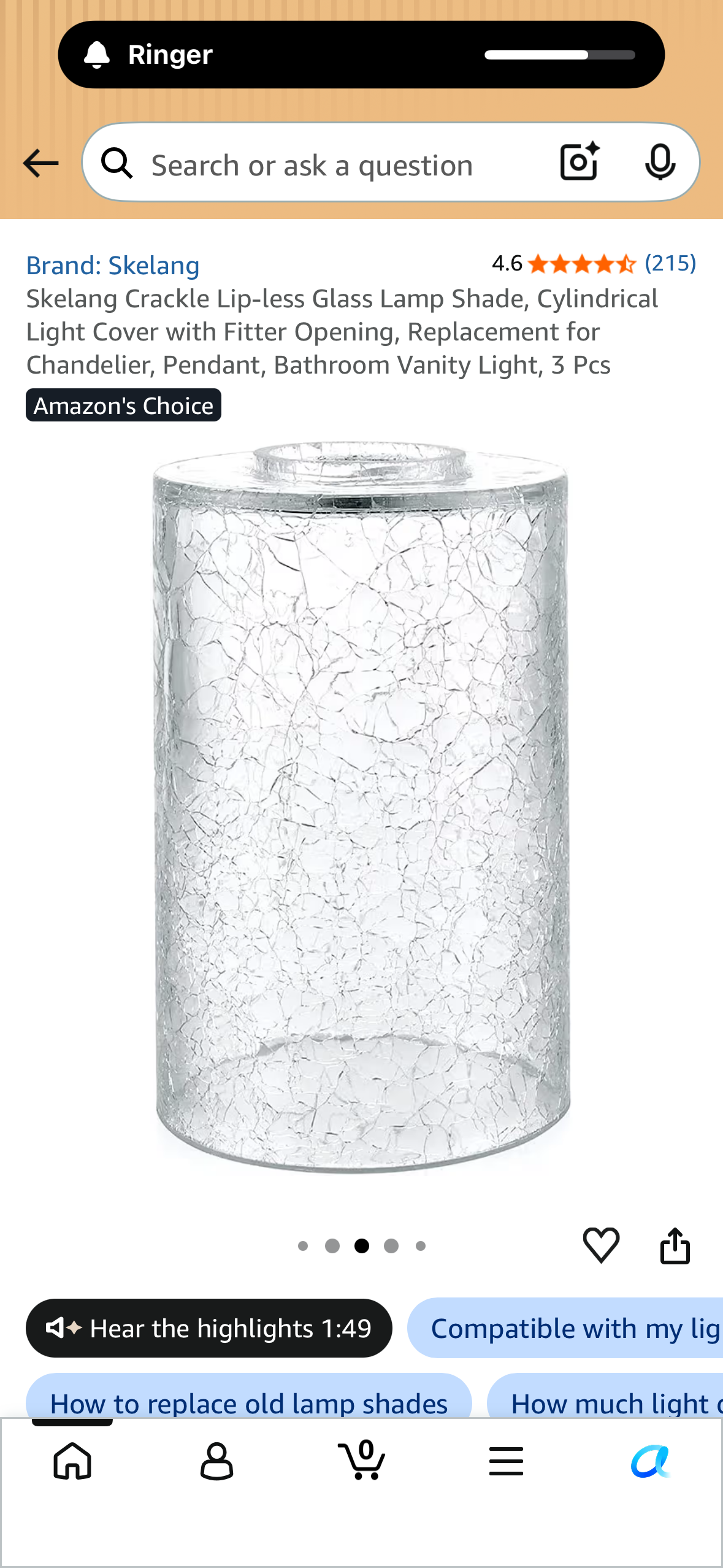 Skelang Crackle Lip-less Glass Lamp Shade, Cylindrical Light Cover with Fitter Opening, Replacement for Chandelier, Pendant, Bathroom Vanity Light, 3 Pcs
