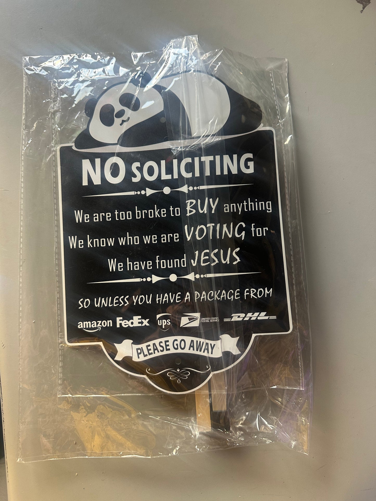Humorous No Soliciting Sign for House with Panda Theme, Funny Metal Yard Sign Stakes for Front Door and Lawn (11.42" x 7.87" x 28")