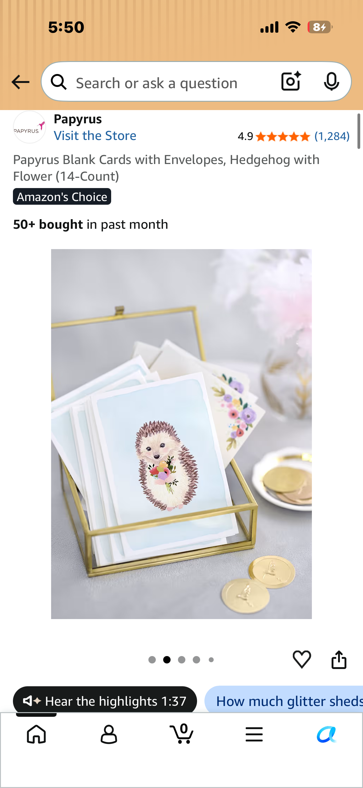 Papyrus Blank Cards with Envelopes, Hedgehog with Flower (14-Count)